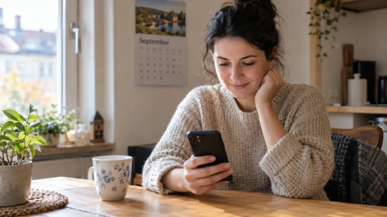 Frau prüft am Küchentisch mit Kaffee ihr Smartphone auf den Kindergeld Auszahlung September 2026