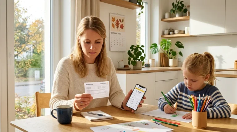 Junge Mutter kontrolliert Kindergeld Auszahlung Oktober 2026 auf Banking-App und Bewilligungsschreiben, Tochter malt am Küchentisch.